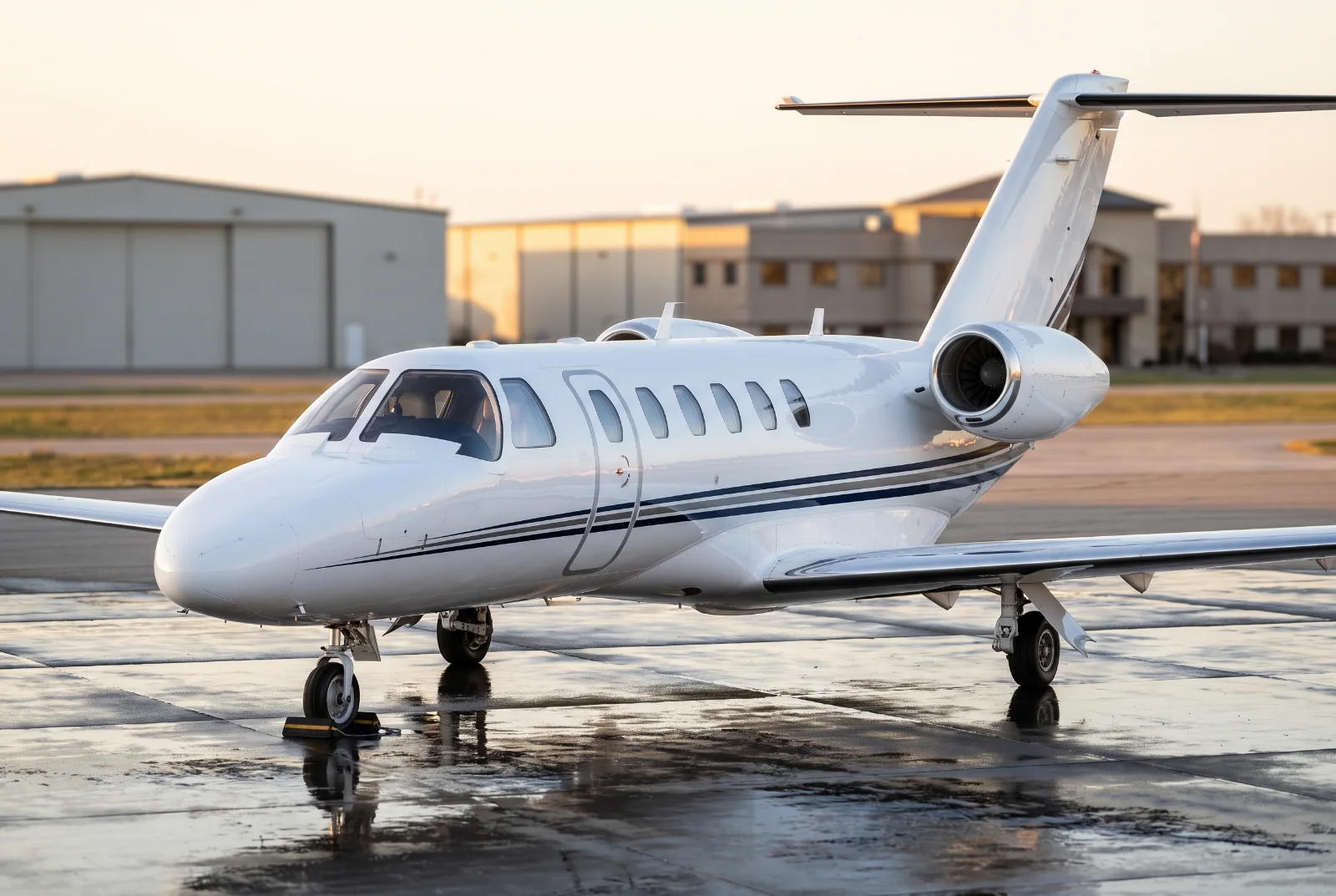 Cessna Citation CJ3 light jet on the ramp at sunset